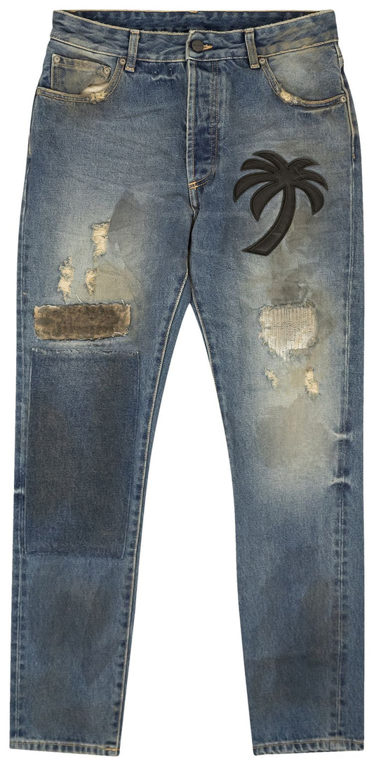 PALM ANGELS CURVED PALM PATCH DETAIL STRAIGHT LEG JEANS 'BLUE'