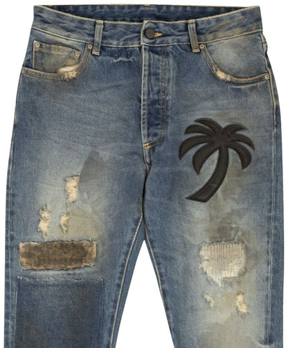 PALM ANGELS CURVED PALM PATCH DETAIL STRAIGHT LEG JEANS 'BLUE'