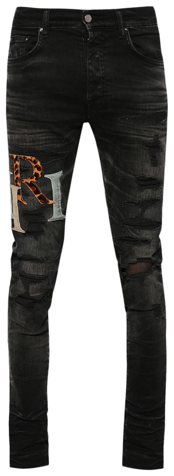 AMIRI MULTI LEATHER STAGGERED LOGO JEAN 'FADED BLACK'