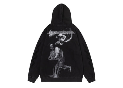 Off-White 24SS new black-and-white portrait oil painting washed hoodie Black