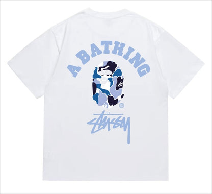 BAPE×Stuss! Blue Color Camo By Bathing Tee