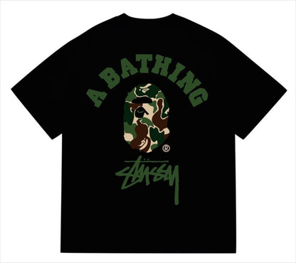 BAPE×Stuss! Green Color Camo By Bathing Tee