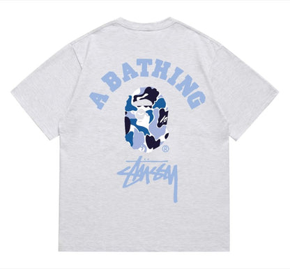 BAPE×Stuss! Blue Color Camo By Bathing Tee