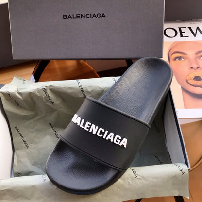 Balenciag* Pool Slide Black White