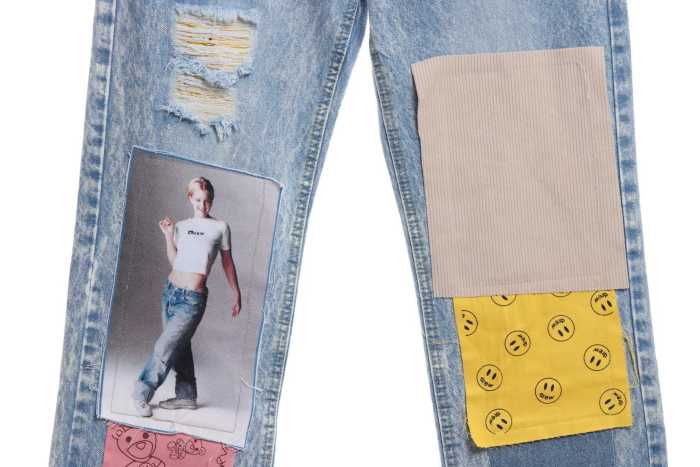 Drew Smiley Bear Patch Ripped Denim Trousers pants