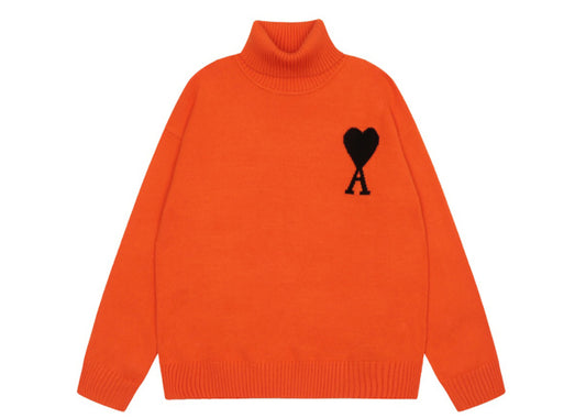 Am1 2024SS classic orange jacquard big heart turtleneck sweater