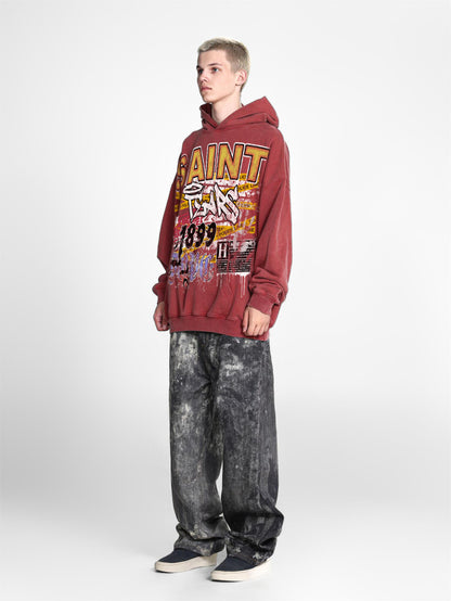 Saint Mich@el tears washed distressed salt-treated 400g heavy-weight vintage terry cloth hoodie