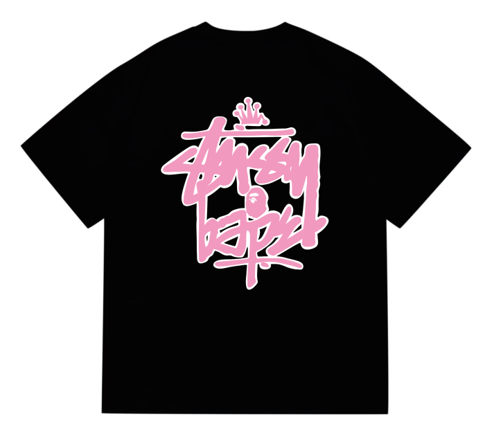 BAPE×STUSS! PINK COLOR LOGO LETTERING TEE