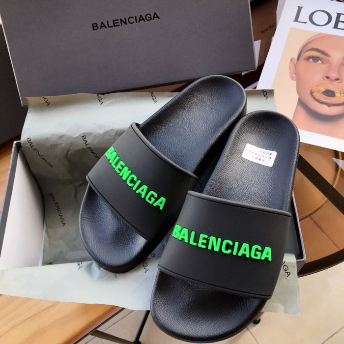 Balenciag* Pool Slide Black Fluo Green