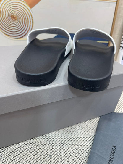 Balenciag* Pool Slide Logo White Black