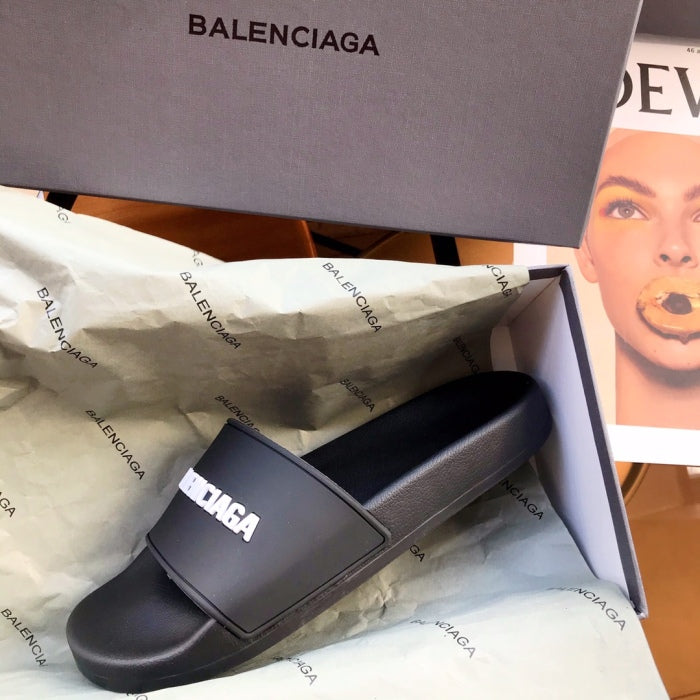 Balenciag* Pool Slide Black White