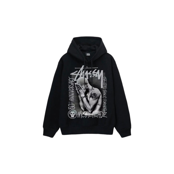 Stu$$y x Metalheadz SS24 collaboration hoodie with chest logo and character graphic print