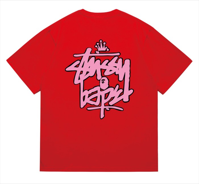 BAPE×STUSS! PINK COLOR LOGO LETTERING TEE