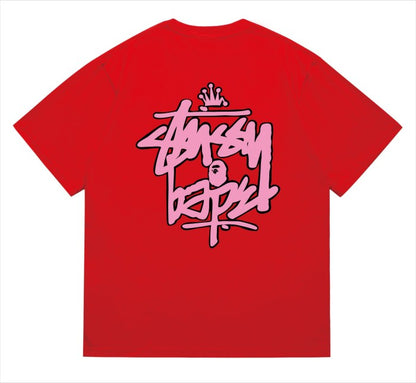 BAPE×STUSS! PINK COLOR LOGO LETTERING TEE