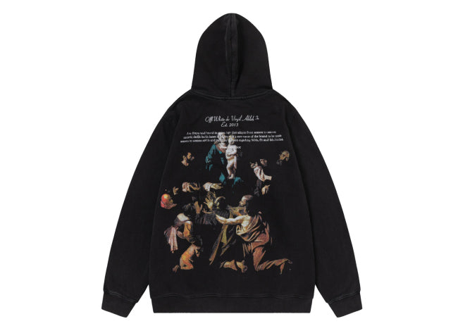 OFF-WHITE 24SS NEW COLORFUL PORTRAIT OIL PAINTING WASHED HOODIE BLACK